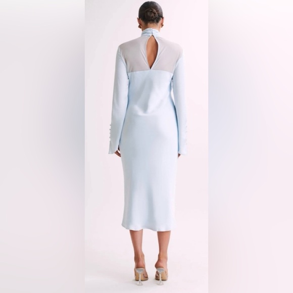 NWT Meshki high neck satin midi dress! Sexy sheer top flowing sleeves stunning! - Picture 5 of 6